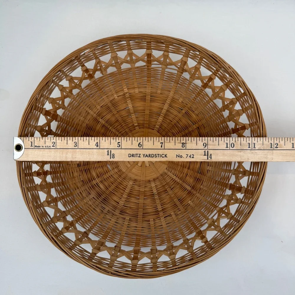 Vintage Woven Bamboo Round Basket Boho Lattice Fruit Bread Bowl 11.5 Inch